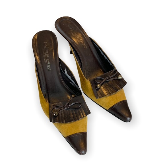 Saks Fifth Avenue Shoes - Vintage Saks Fifth Avenue Golden Suede Brown Leather Tassel Kitten Heel Slides